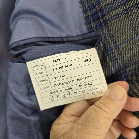 Enzo Tovare Blazer Mens 46R Gray Blue Windowpane Plaid 2 Button Sport Coat Wool - Picture 14 of 16